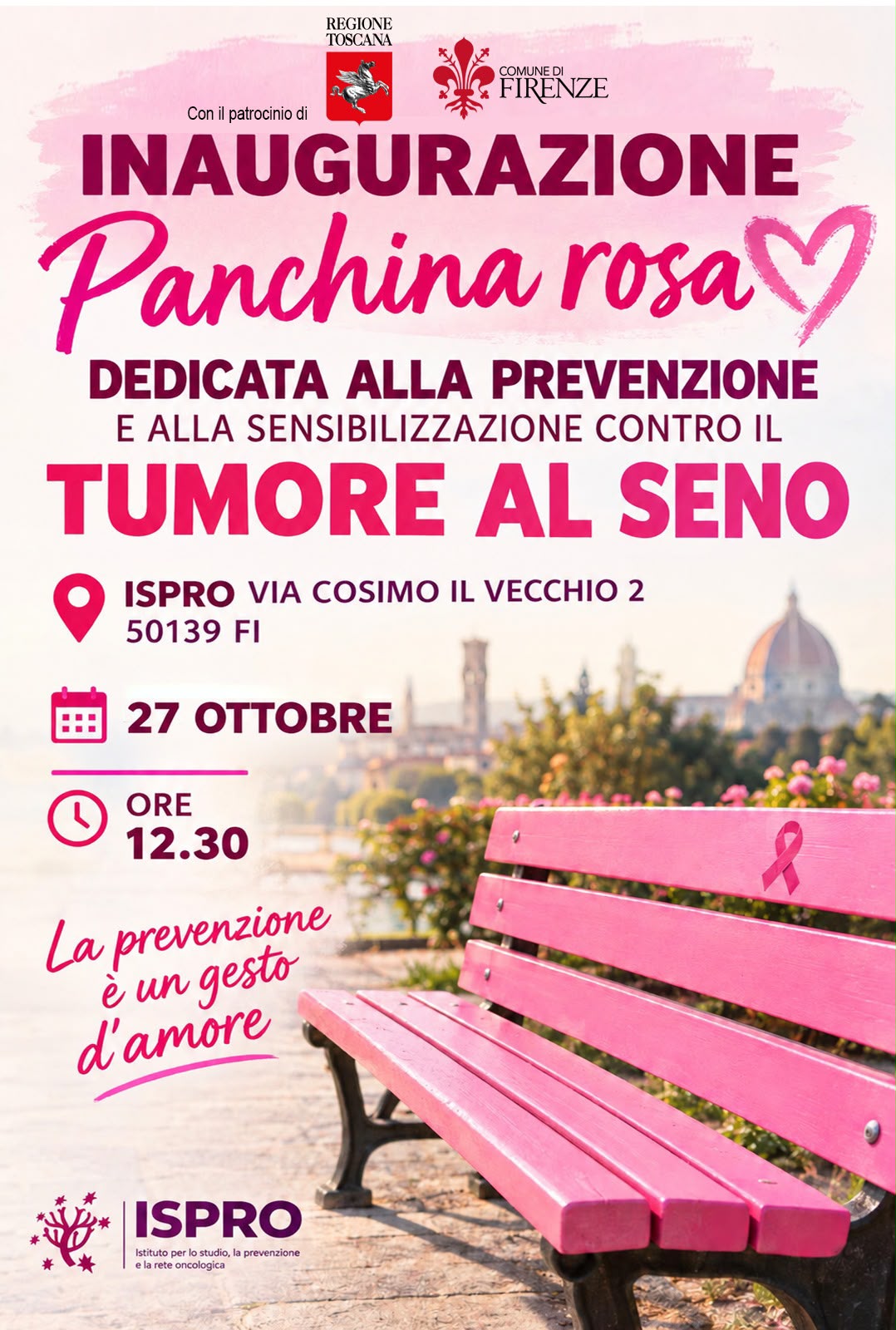 Firenze: “panchina rosa” per sensibilizzare le donne e prevenire il tumore seno. Inaugurazione all’Ispro